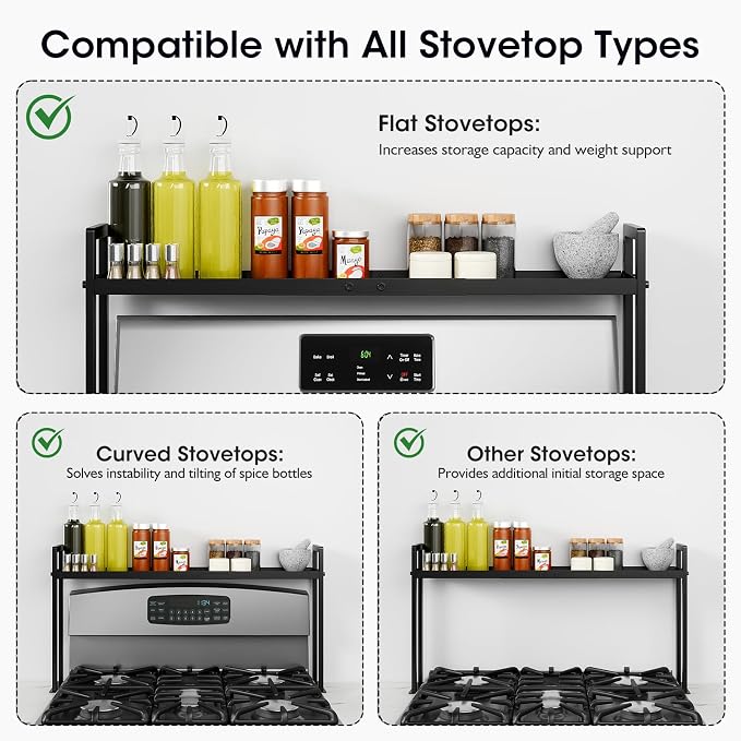Bumusty Adjustable Stove Top Shelf, 4-Level Spice Rack, Black | Adjustable width and height use vertical space to keep spices organized above stoves or on kitchen counters.