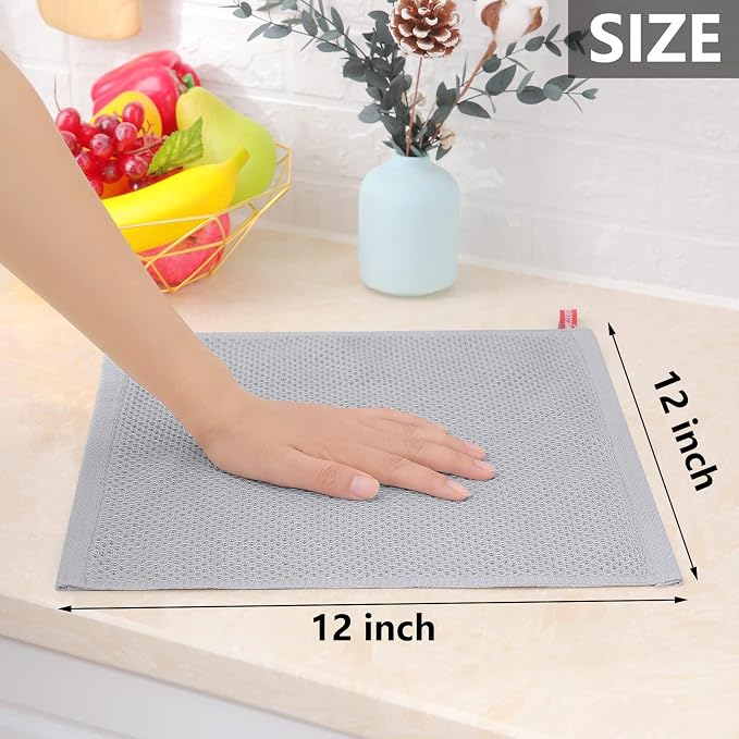 Homaxy 100% Cotton Waffle Weave Kitchen Dish Cloths, 4-Pack, Light Gray | 12 x 12 Inches, Ultra Soft Absorbent Dish Towels, Quick Drying Dish Rags with Hanging Loop