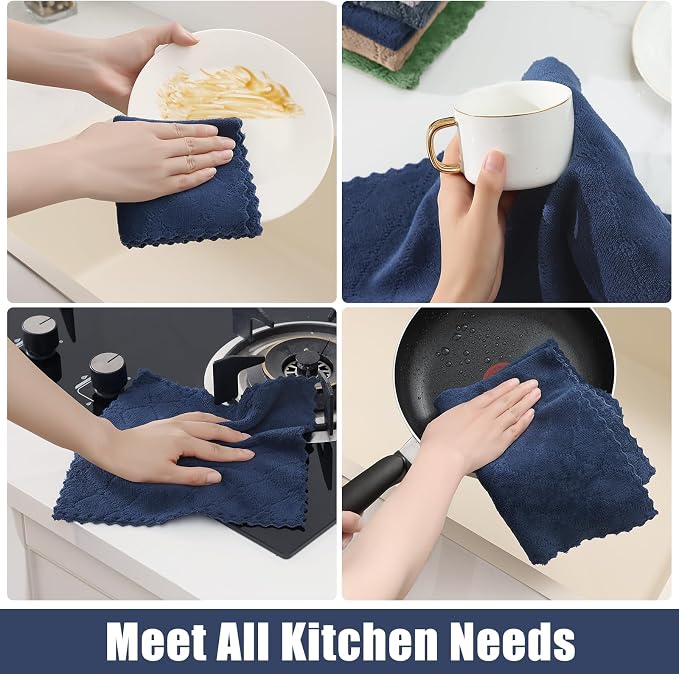 Homaxy Super Soft 12 Pack Kitchen Towels and Dishcloths Set, Navy Blue | Ultra-Absorbent, 10 x 10 and 13 x 19 Inches, Coral Velvet, No Lint, Nonstick Oil, Fast Drying, Microfiber Cleaning Cloth