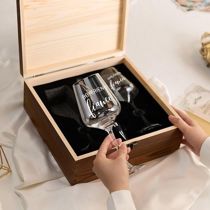 AW BRIDAL Engagement Gifts for Couples Fiance and Fiancee Wine Glasses Set | Engaged Wine Glasses with Wine Stopper & Wood Keepsake Box, 2026 Wedding Gifts for Newlyweds, Bride to Be Gifts for Women