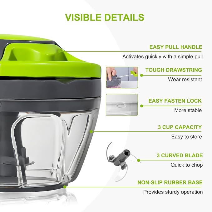 Manual Food Processor Vegetable Chopper, Portable Hand Pull String Garlic Mincer Onion Cutter for Veggies, Ginger, Fruits, Nuts, Herbs, etc.,500ml