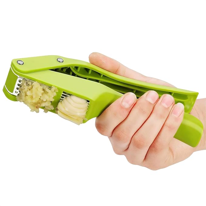 2 in 1 Garlic Slicer and Press, Stainless Steel with Durable Plastic | Multipurpose Garlic Press and Slicer Cuts Cloves Thin - 7.6 x 1.7 x 2.5 In, Easy to Use & Clean for Kitchen, Cafe, Deli Prep