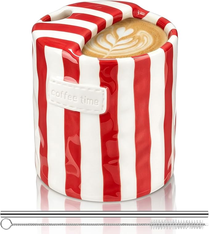 1 Pack Ceramic Mug with Sip Hole, Simple, Red | 10oz Ceramic Coffee Cup with Straws, Retro Hand Painted Striped, for Iced Coffee Tea Latte Espresso, Kitchen Dining Travel