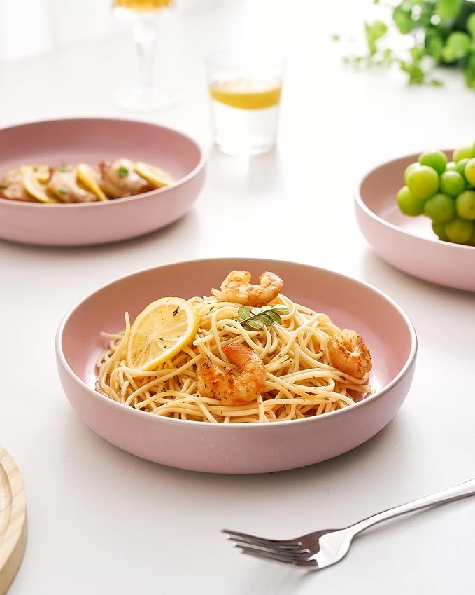 famiware Milkyway 33 oz Pasta Bowls Set of 6, Light Pink | Double Reactive Glaze, Scratch-Resistant Stoneware Salad Bowls, Stackable, Dishwasher & Microwave Safe, Lead-Free