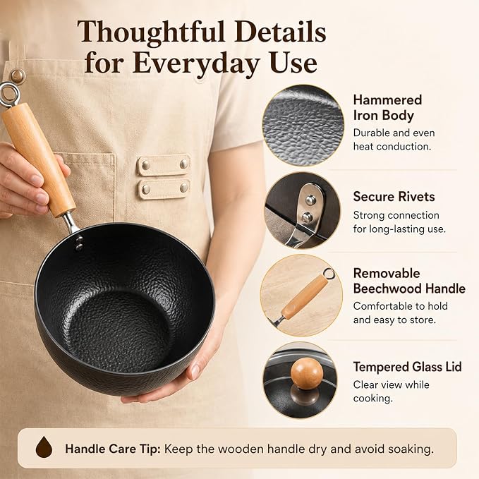 WANGYUANJI 1.6 Qt Small Iron Saucepan with Lid, 7.1-Inch Ramen Cooking Pot | Uncoated hammered iron body with removable wooden handle; ideal for ramen, milk, sauces and single-serve meals on induction.