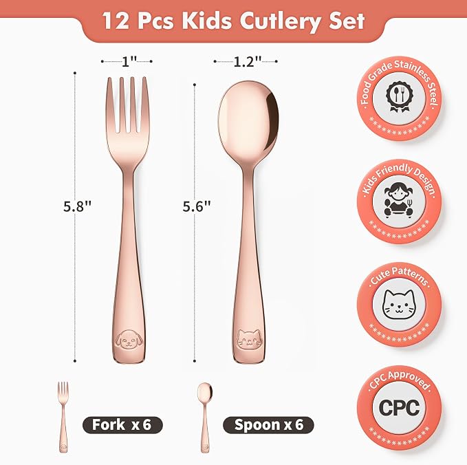 12Pcs Stainless Steel Toddler Utensils Small Metal Kids Silverware | Food-grade, Ideal Transitional Baby Forks and Spoons, Cute pattern, Designed for Children, Dishwasher Safe, Mirror Polished