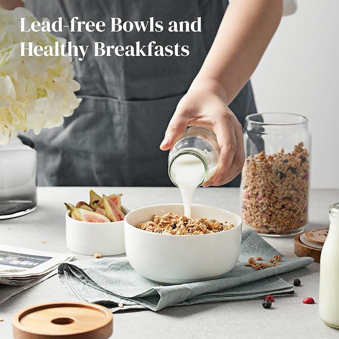 DOWAN White Ceramic Bowls Set of 6, 20 oz Ceramic Cereal Bowls, Everyday Cereal, Soup & Rice Bowls, Stackable Stoneware for Modern Kitchens, Dishwasher & Microwave Safe Bowl
