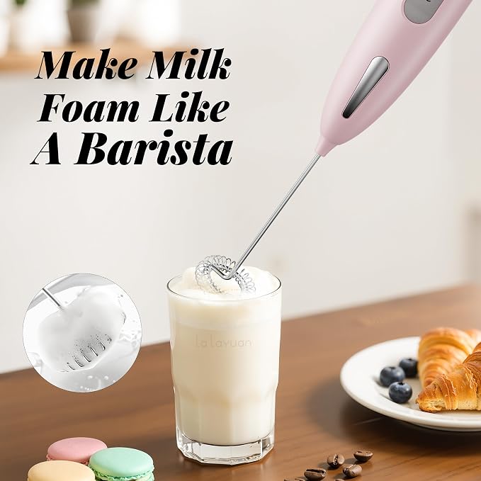 Electric Milk Frother, Three speed adjustment, USB Rechargeable Cordless Hand Blender with Sticky Stand Included, 304 stainless steel Egg Beater, Mixed Drinks, Coffee Stirrers (Pink set)