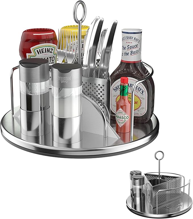 Rotating Condiment Caddy, Stainless, 360-Degree | 2 glass salt and pepper shakers, carry handle, patent pending. For outdoor grill and patio.