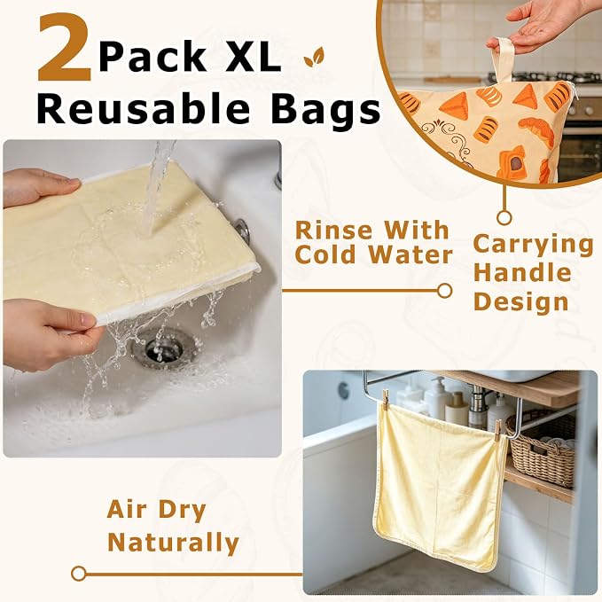 2 Pack Reusable Cotton Sourdough Beeswax Bread Bags with Wide Zipper, Brown | XL(13.3x16.9in) Portable Bread Storage with Handle, Washable, Keep Fresh, Fit Homemade Sourdough Bread, Ideal for Gift-Giving