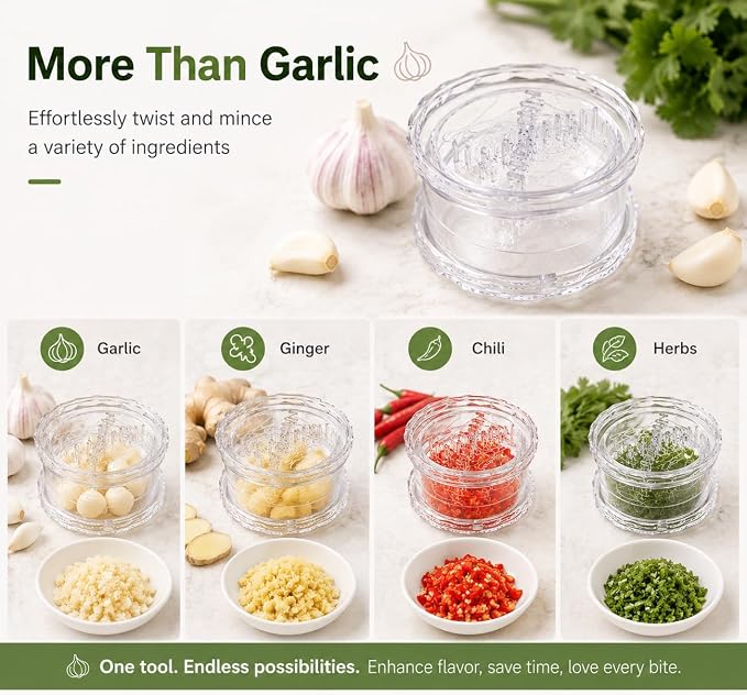2PCS Clear Manual Garlic and Ginger Twister Mincer Tool | Multi-Functional Mincer & Grinder for Garlic, Onion, Ginger, Herbs, Nuts, Impact Resistant Kitchen Gadget & Home Accessory