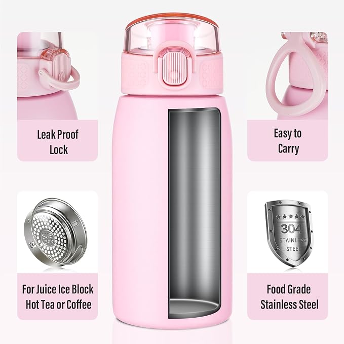 Insulated Water Bottle 12 oz with Dustproof Lid, Carry Handle & Tea Infuser, BPA-Free & Leakproof, Stainless Steel Water Bottles Ideal for Fitness, Hiking, Office & Outdoor Use （Water Pink ）