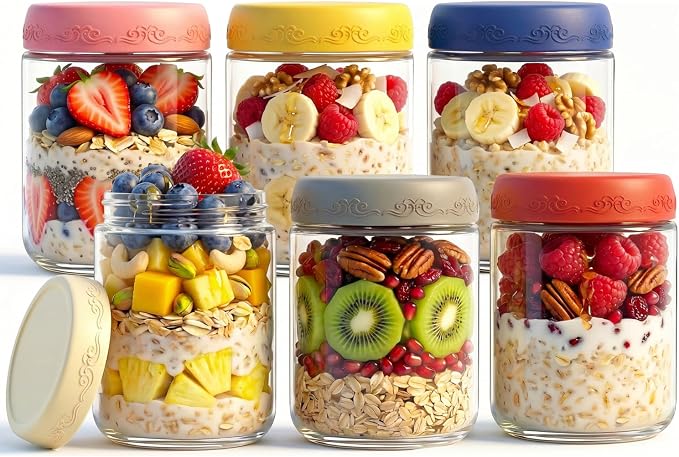 16oz 6-Pack Overnight Oats Containers with Lids,Glass Airtight Food Storage Containers Mason Jars, Glass Yogurt Jars with lids for Sugar Pudding Sugar Salad (16oz-6 pack)