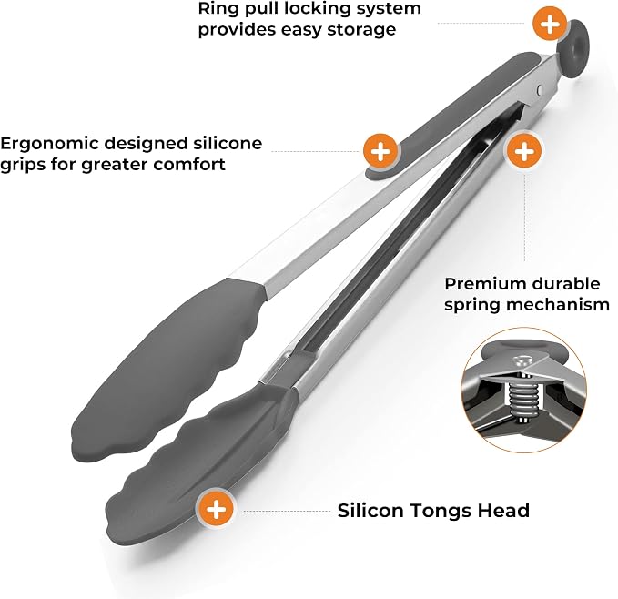 Stainless Steel&Silicone Food Tongs Set of 2 (9+12 Inch)-BPA-Free&Non-Toxic Heat Resistant Non-Scratch BBQ&Cooking Tools,Strong Grip Locking for Grilling,Air Fryer,Salad,Dishwasher Safe