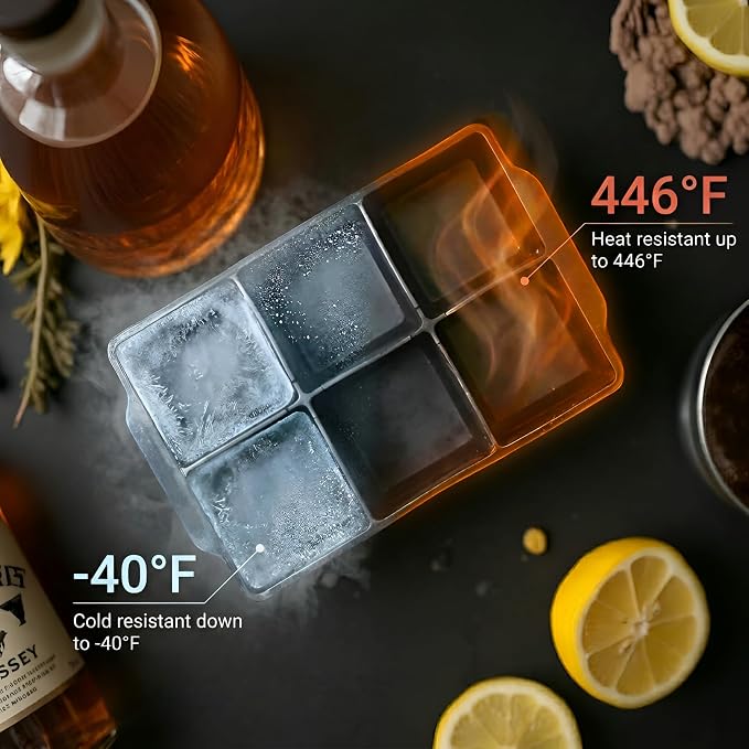 KitchFort® Large Silicone Ice Cube Tray (6-Pack), Easy Release 2" Big Ice Cubes - Cocktail, Whiskey Ice Cubes Mold - Ice Trays for Freezer with Lid - Stackable Silicone Ice Tray - Black