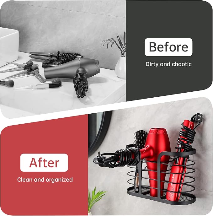 YIGII Blow Dryer Holder, Adhesive Wall Mount Bathroom Organizer, Black | Hot Tool Storage for Hair Dryers and Electric Shavers, Space-Saving Design with No Drill Installation for Bathroom Counters