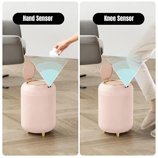 URALFA Motion Sensor Trah Can Bathroom, Automatic Pink Trash Can with Lid | 3 Gal Touchless Bathroom Garbage Can with Lid, Smart Trash Bin for Bedroom, Office, Restroom, Removable Legs, Pink and Gold