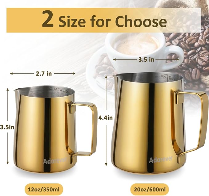 Milk Frothing Pitcher, 350ml (12oz) Steaming Pitchers Stainless Steel Milk Coffee Cappuccino Latte Art Barista Steam Pitchers Milk Jug Cup with Decorating Art Pen, Gold