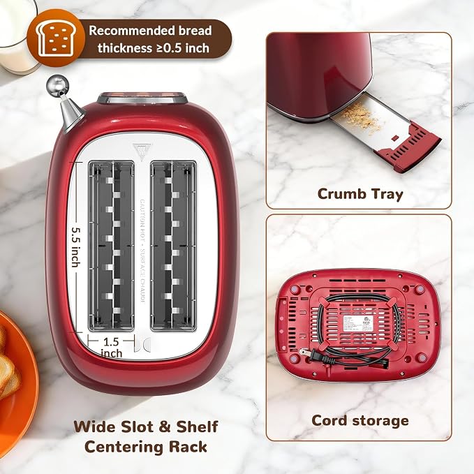 Mecity Toaster 2 Slice, Touch Screen Wide Slot Retro Toaster For Breads Bagel Muffin Waffle, House Warming Gift New Home, 120V 825W, Red Pearl