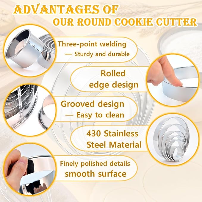 6-Piece Round Cookie Cutters (2, 3, 3.5, 4, 5, 6 Inch) Biscuit Cutter Set | Dishwasher Safe, Laser-Etched Sizes, Stainless Steel Circle Cookie Cutter for Baking, Thick Dough, Biscuits & Fondant