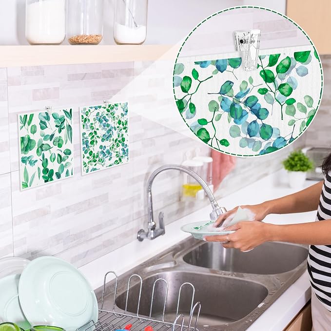 Needbrock 6 Pack Swedish Dishcloths for Kitchen, Swedish Rags | Absorbent Green Leaf Dish Cloths with Adhesive Clips, Reusable Paper Towels No Odor for Countertop Dishes Cleaning