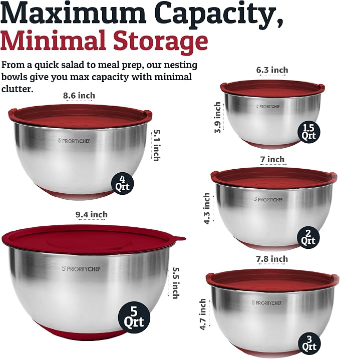 Stainless Steel Mixing Bowls with Lids Set, Metal Nesting Bowls with Airtight Lids, Graters, Non-Slip Base & Measurement Marks, Includes Utensil Set for Prep, Baking & Storage, Red