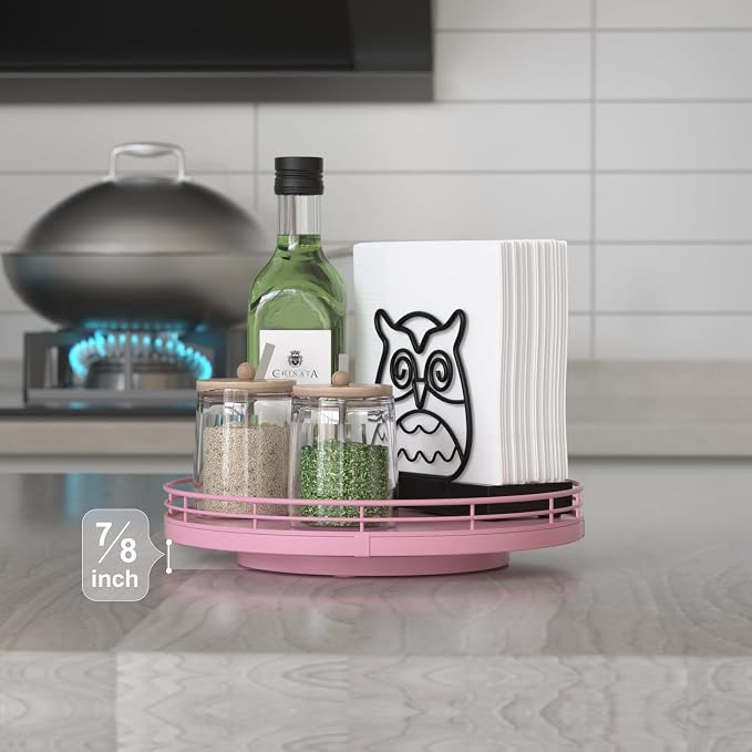 Oroyutor 9-Inch Oak Lazy Susan Decorative Tray, Pink Finish | Rotating oak tray organizes spices, toiletries and decor on kitchen counters, bathroom vanities, dining and coffee tables.