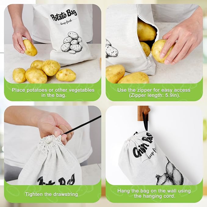 Onion Bag, Potato Bag, Vegetable Storage Bags, Reusable 8-Pound Potatoes Storage Bags With Light-Blocking Liner, Drawstring Closure & Side Access For Vegetable Keep Fresh 16"x11.4"(2Pack)