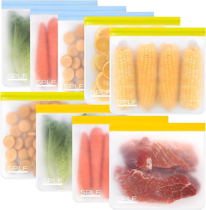 SPLF 9 Pack Reusable Gallon Freezer Bags Dishwasher Safe, Multicolor | BPA Free 1 gallon Leakproof Silicone and Plastic Free Food Storage Bags for Meal Prep, Fruits, Sandwich, Snack, Travel Items