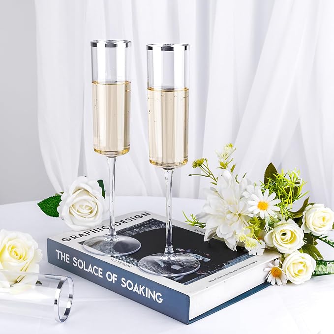 Ciaell 24 Pack Silver Plastic Champagne Flutes for Weddings Birthdays | 6 oz Silver Rim Square Toasting Cups, Heavy Duty Plastic, Champagne Wine Mimosas for Anniversaries Parties Bars