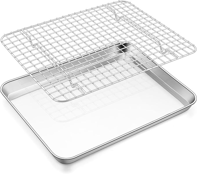 E-far Baking Sheet with Wire Rack Set, 12.5" x 9.7" (1 Pan +1 Cooling Rack) | Stainless Steel Sheet Pan with Cooling Rack for Oven, Metal Broiling Tray for Cooking Roasting, Non-Toxic, Dishwasher Safe