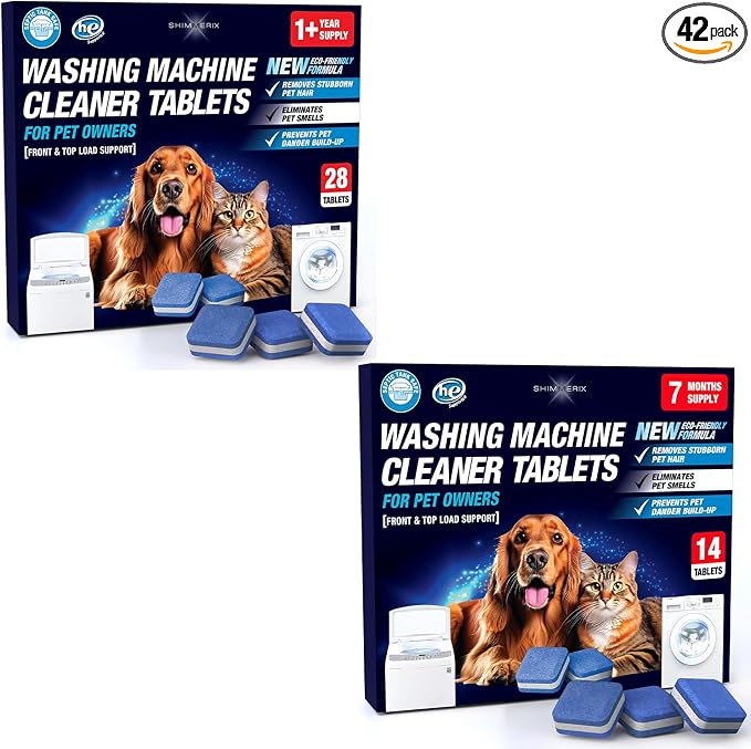 Washing Machine Cleaner Pro Tablets for Pet Owners, 42 Pack, Front/Top Load | Remove Stubborn Pet Hair, Washer Deep Cleaning, Septic Tank Safe, HE Support, Eliminates Pet Smells, Prevents Dander Build-up