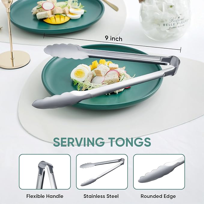 12 Pack Buffet Tongs Serving Tongs Stainless steel Kitchen Tongs 9inch | stainless steel Utility Tongs with scalloped grip for buffets, catering, weddings, salad bars and everyday food service