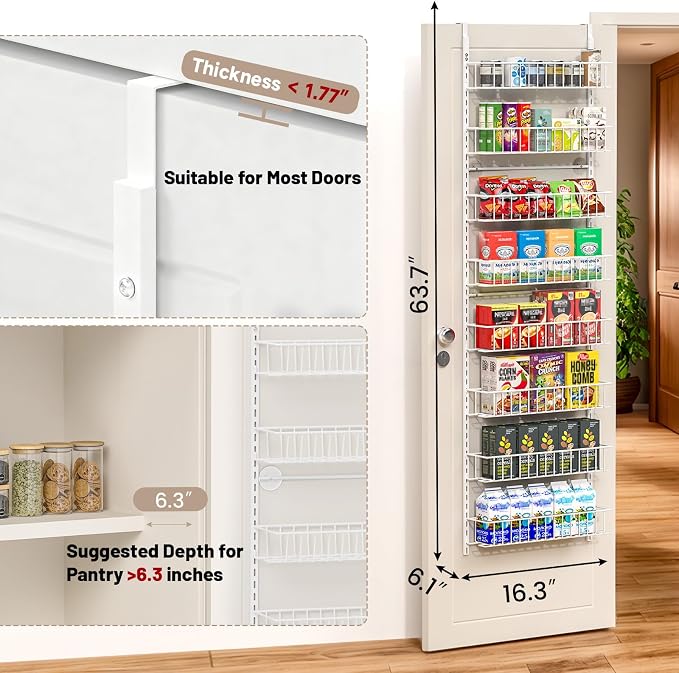 ElegantArray 8-Tier Pantry Door Organizer, White | Over The Door, Hanging Spice Rack Shelves, Kitchen & Bathroom Storage, Home Office & Laundry Room