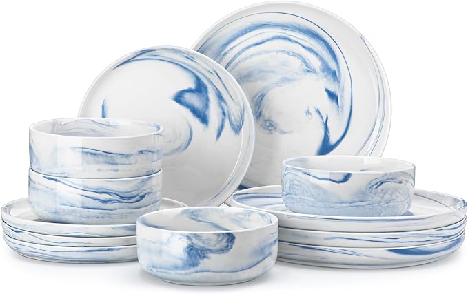 MALACASA 12 Pcs Porcelain Plates and Bowls Sets,Dinnerware Set for 4,Blue | Modern Ceramic Dishware Set,Kitchen Dining Ware,Microwave and Dishwasher Safe,Unique Marble Blue Design,Series LUNA