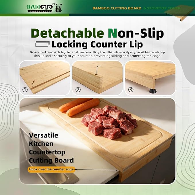BAMOTTO CRAFTBAMBOO 12.6 x 22 Inch Bamboo Stovetop Cover Cutting Board | Detachable Legs | Detachable Front Lip | Over-the-Sink | Space Saving Kitchen Countertop Long Board