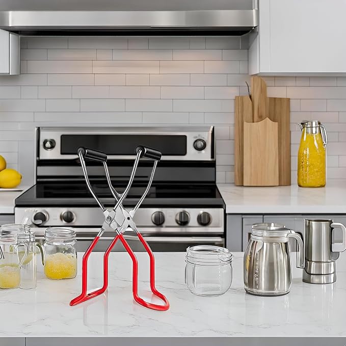 Canning Jar Lifter Tongs - Stainless Steel Jar Lifter with Rubber Grips | Slip Wide-Mouth Clip for Kitchen Restaurant, Red