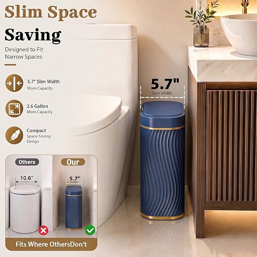 2.6 Gallon Automatic Bathroom Trash Can with Touchless Lid, Blue Gold | Motion Sensor Trash Can with Slim Waterproof Body; Small Plastic Garbage Can, hands-free lid for Bedroom, office, and kitchen