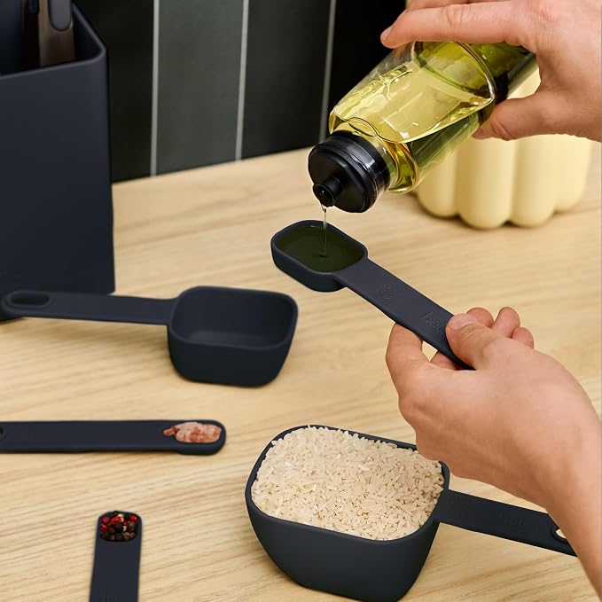 bella 9-Piece Nested Measuring Cups & Spoons Set, Stackable, 4 Cups, 4 spoons, 1 Leveler, Non-slip handles, Kitchen Cooking Baking Measuring Set, BPA Free, Dishwasher Safe, Slate
