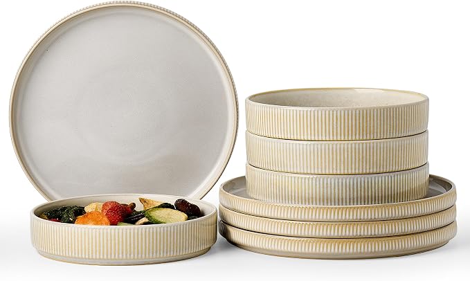 Famiware Star Stoneware Dinnerware Set, 8pc Dishes for 4, Cappuccino White | 7.5" Shallow Pasta Bowls & 10.5" Flat Dinner Plates, Everyday Dining, Chip & Scratch Resistant, Microwave & Dishwasher Safe