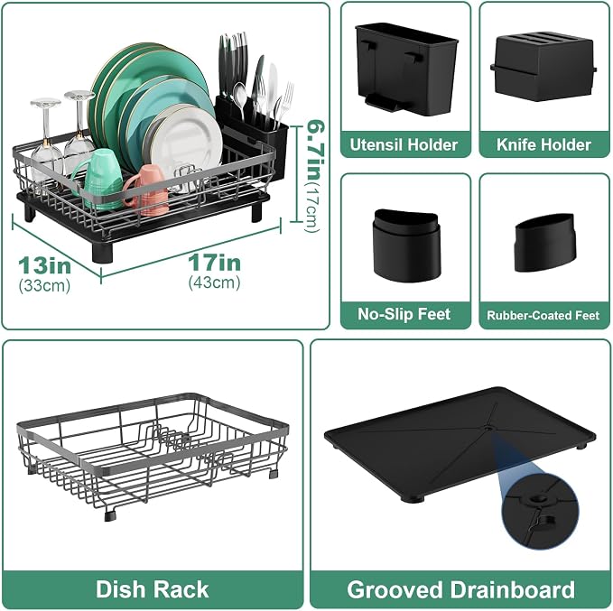 MOUKABAL Dish Drying Rack with Drainboard for Kitchen Counter, Grey | 13×17 Large Capacity/Rustproof Stainless Steel/Fast Drainage Dish Drainer/Removable Utensil Holder/Kitchen Counter Organizer