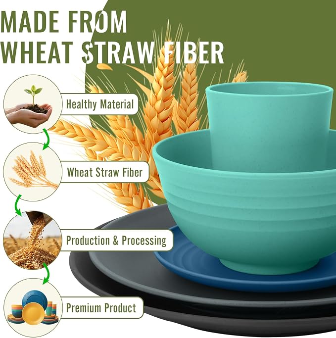 40 PCS Wheat Straw Plates and Bowls Sets,Dishware Set for 8,Unbreakable Kitchen Plates and Bowls Set for Travel Party Dishwasher & Microwave Safe Lightweight Plastic Dishes Set - Calm Tones