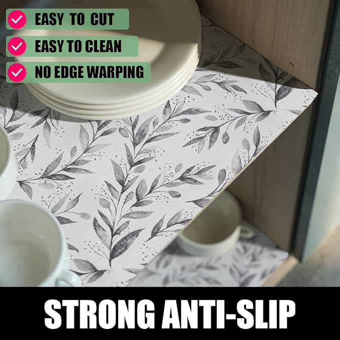 Shelf Drawer Liners Non Adhesive and Strong Non-Slip Waterproof | Shelf and Drawer Liners for Kitchen Cabinet Wire Fridge, Shelf Drawer Liner,Easy to Clean,12IN x 10FT,Gray Leaf