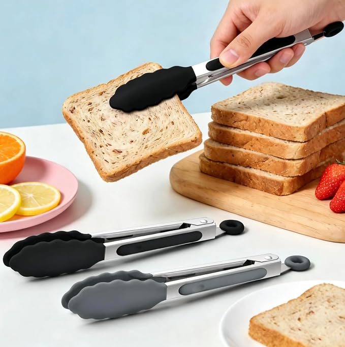 6PCS 7-Inch Silicone Tongs Set, Stainless Steel Tongs with Silicone Tips | Heat-Resistant Small Tongs For Cooking, Serving, Grilling | Dishwasher Safe | Black