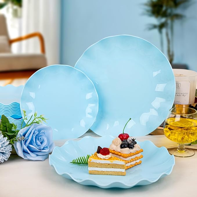 LIYH 24 Pcs Blue Plastic Plates Reusable - Unbreakable Light Blue Scalloped Plates,Dishwasher Safe Camping Plate for Parties,Birthday,Picnics,BPA Free (12Guests)
