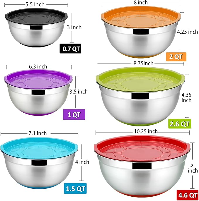P&P CHEF Stainless Steel Mixing Bowls With Lids, Set of 6, Multicolor | Salad Nesting Mixing Bowls & Fitting Lids & Non-Slip Silicone Bottom, Ideal for Mixing, Storing, Size 0.7/1/1.5/2.5/3/4.6 Qt