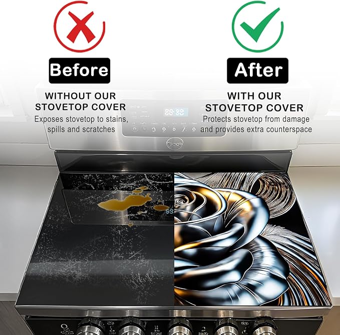 Nuxovilar Stove Top Cover Cooktop Mat 28.3x20.4in Polyester Diatom | Electric Guard Range Countertop Pad Burner Protection Sheet Kitchen Decor Cooking Area Home Styling (Metallic Rose)