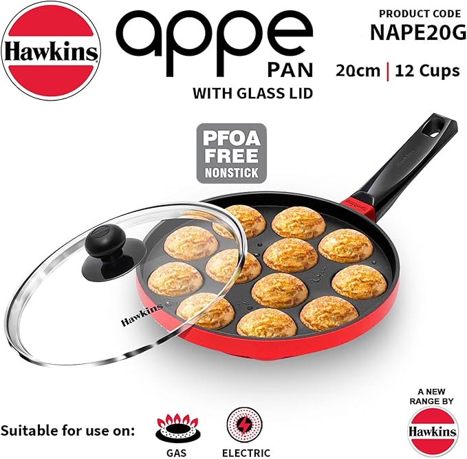 Hawkins Nonstick Appe Pan with Glass Lid, 12 Cups, Diameter 20 cm, Black, Cast Aluminium, Red