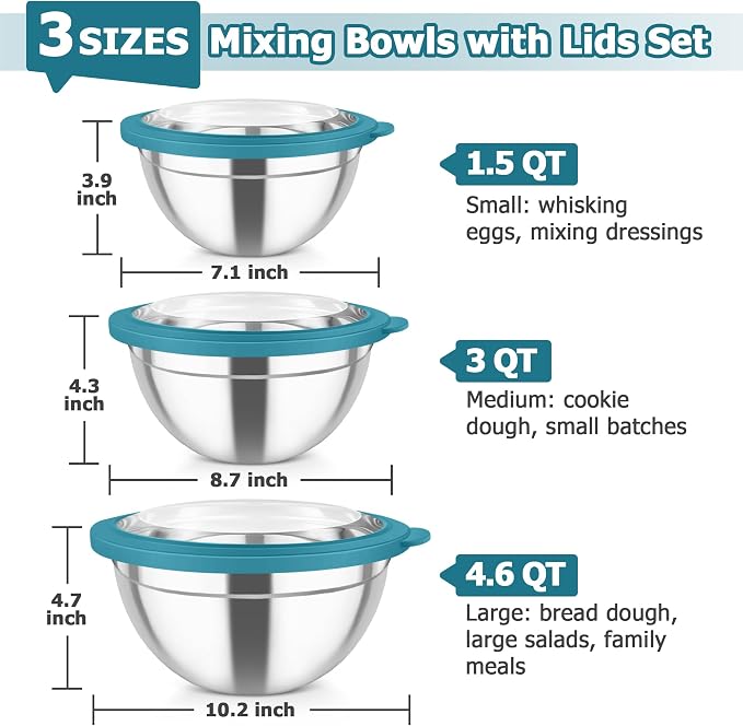 TeamFar Mixing Bowl Set, 4.5/3/1.5 QT Stainless Steel Nesting Salad Bowls | with Airtight Lids, For Serving/Mixing/Storing/Prepping, Non-Toxic & Sturdy, Visible & Easy Clean, Dark Blue, Set of 3