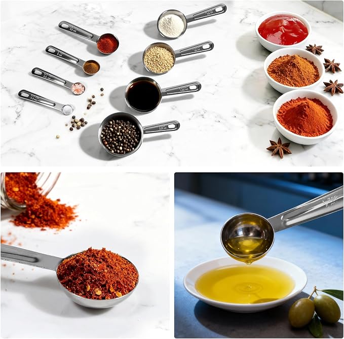 8 PCS Stainless Steel Measuring Cups and Spoons Set, Premium Measure Cups and Spoons Long Handle Stackable Measuring Cups for Kitchen Cooking & Baking, Dry & Liquid Dishwasher Safe